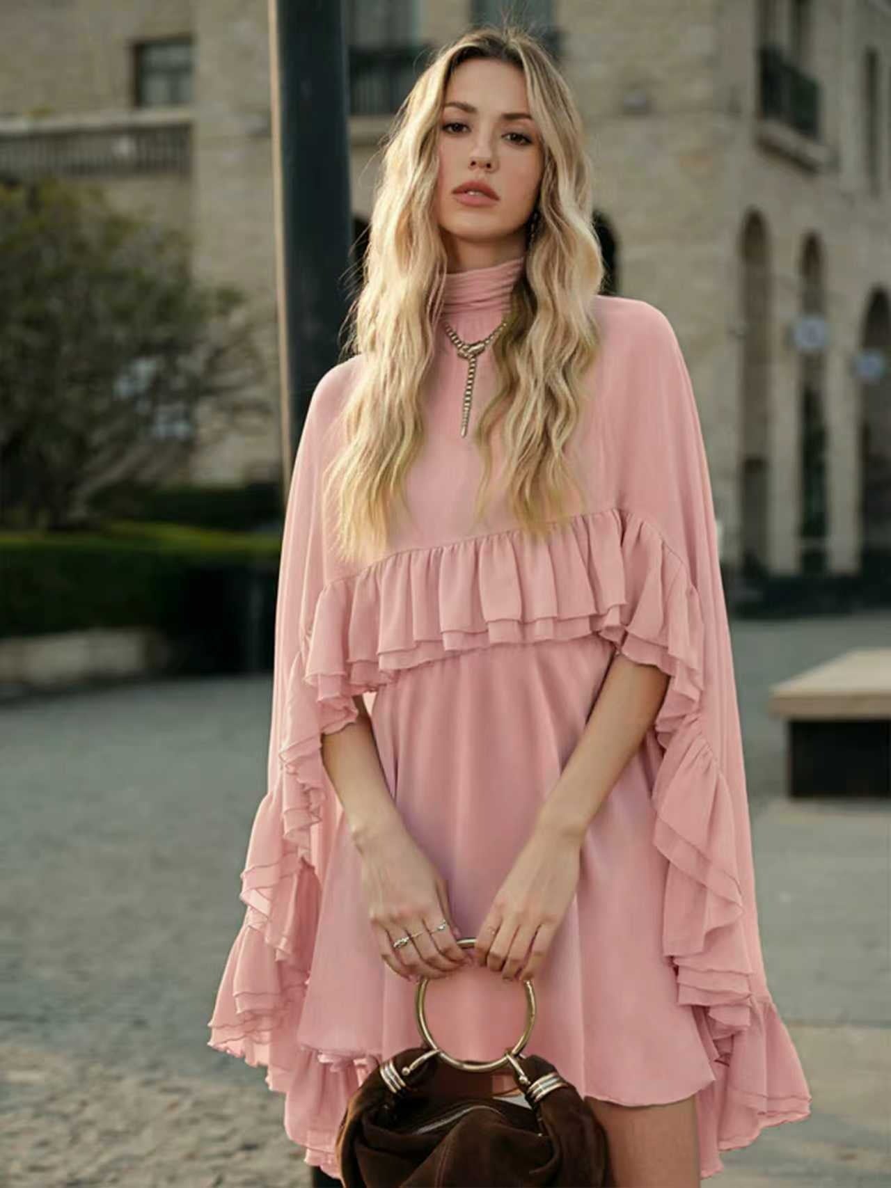 Dusty Rose Tiered Ruffle Cape Dress Set
