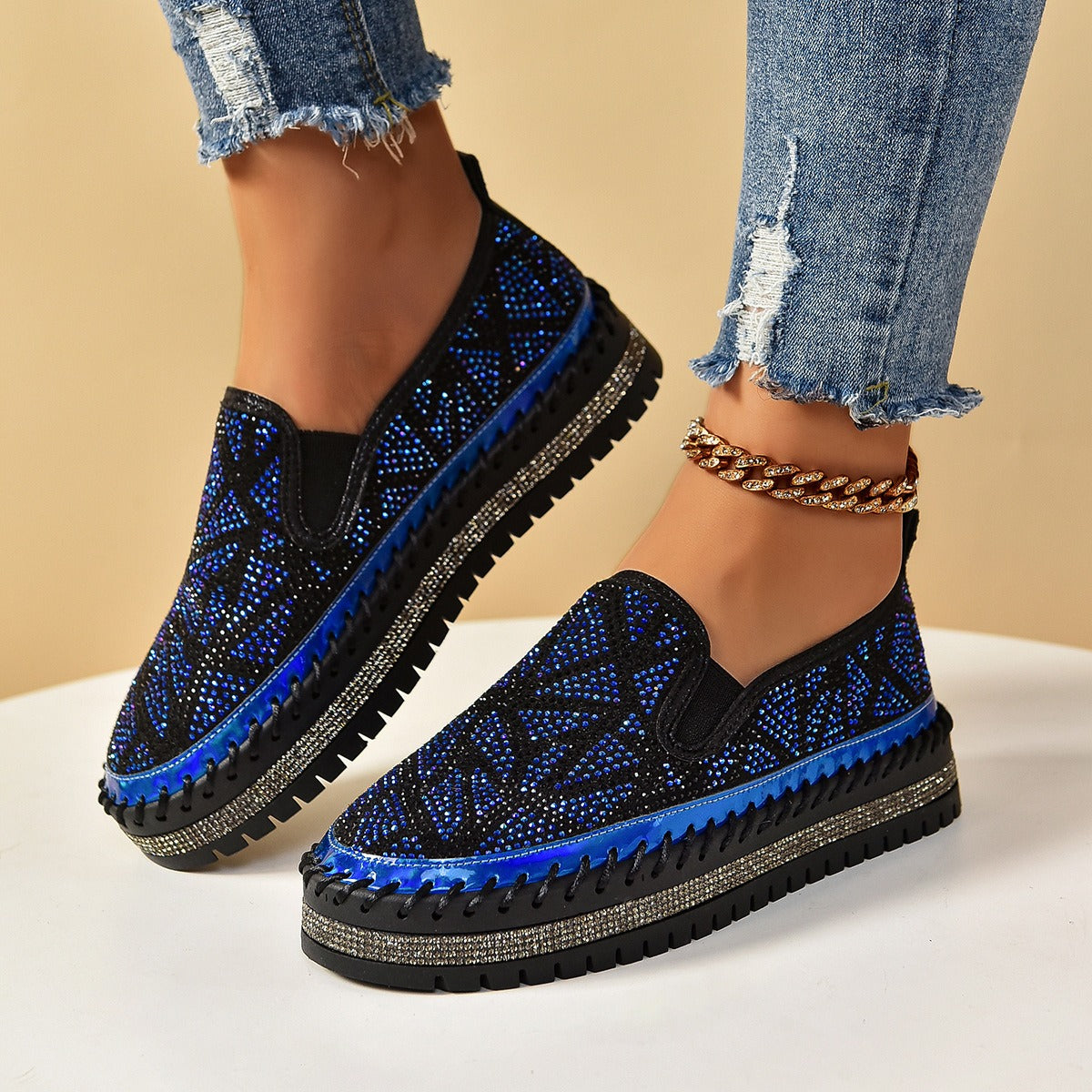 Rhinestones And Thick Platform Versatile Flat Loafers