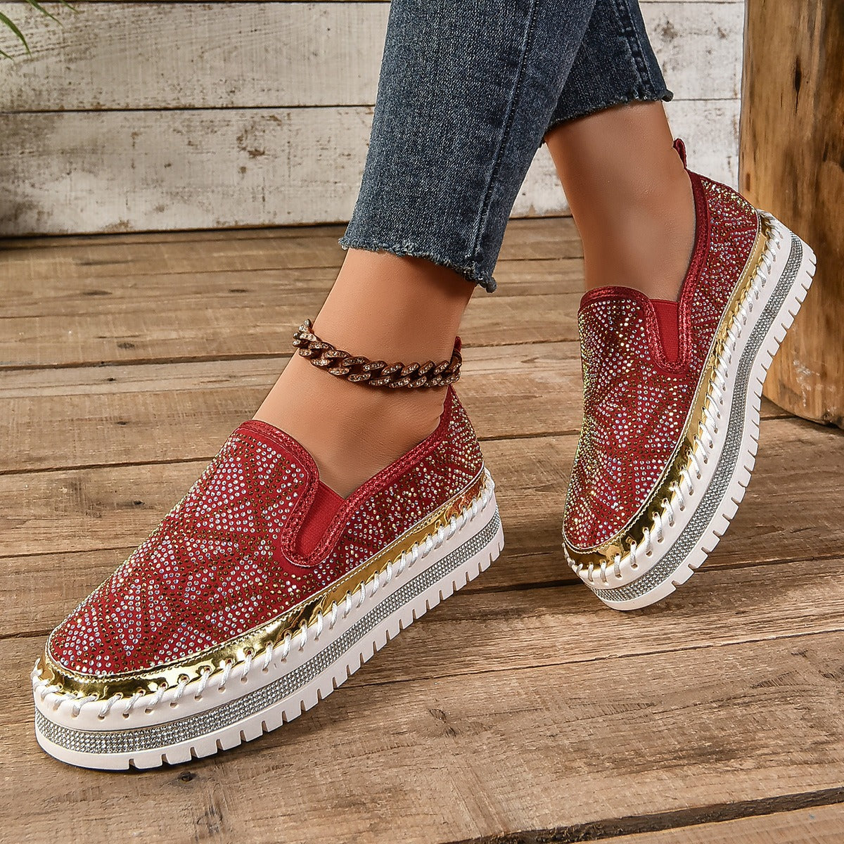 Rhinestones And Thick Platform Versatile Flat Loafers