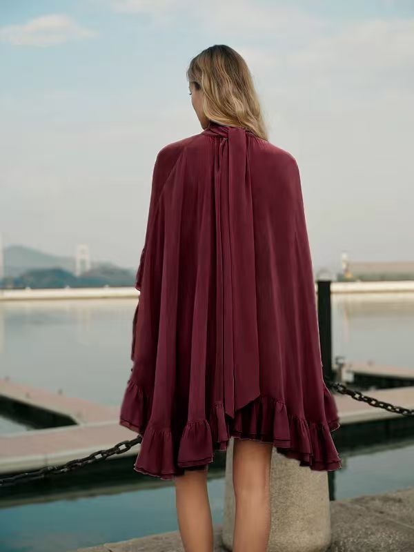 Dusty Rose Tiered Ruffle Cape Dress Set