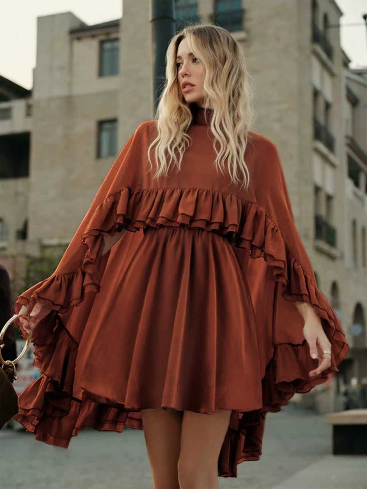 Dusty Rose Tiered Ruffle Cape Dress Set