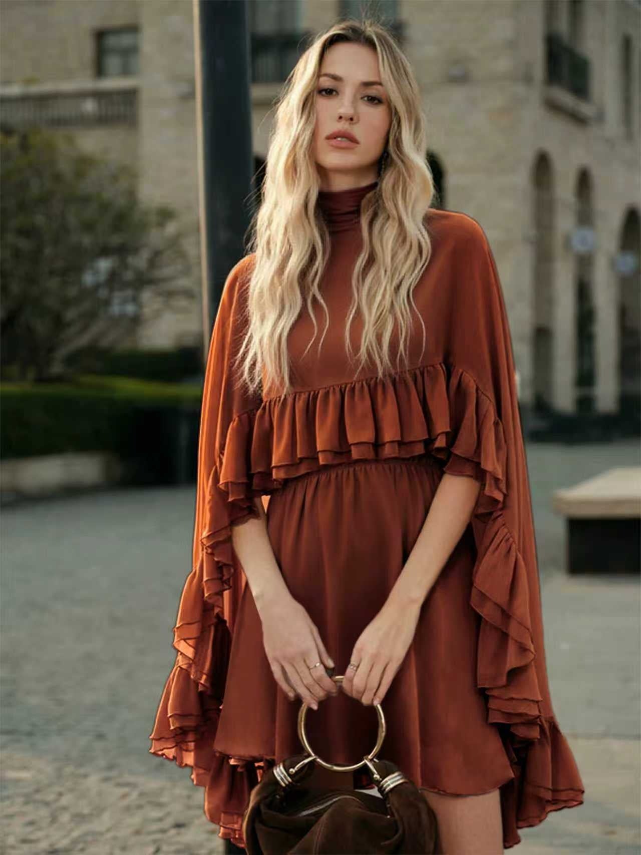 Dusty Rose Tiered Ruffle Cape Dress Set