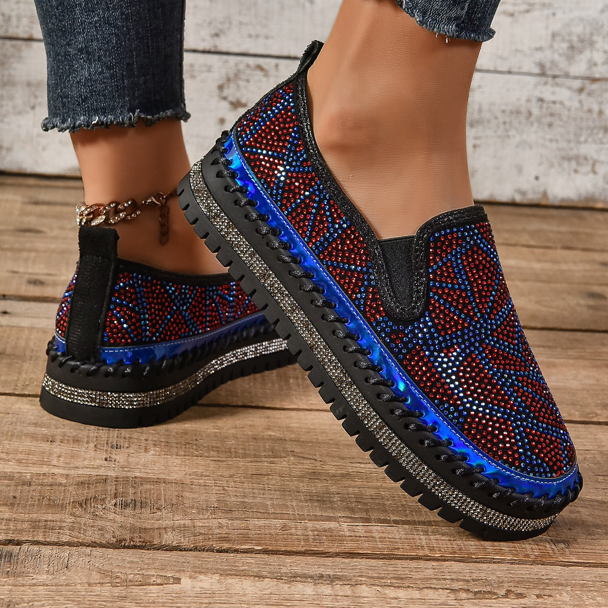 Rhinestones And Thick Platform Versatile Flat Loafers