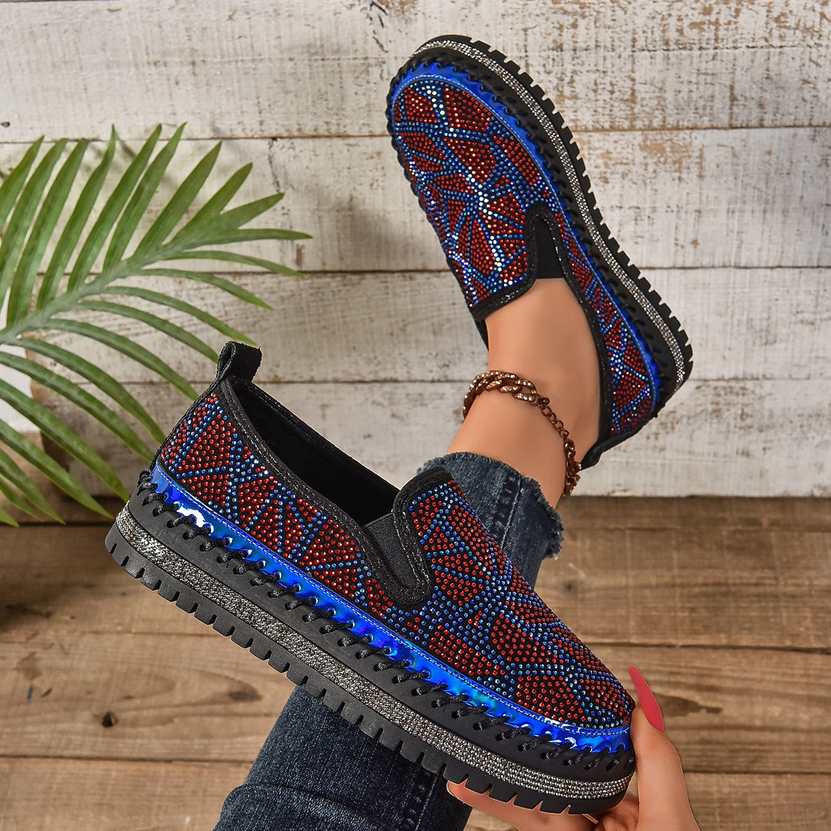 Rhinestones And Thick Platform Versatile Flat Loafers