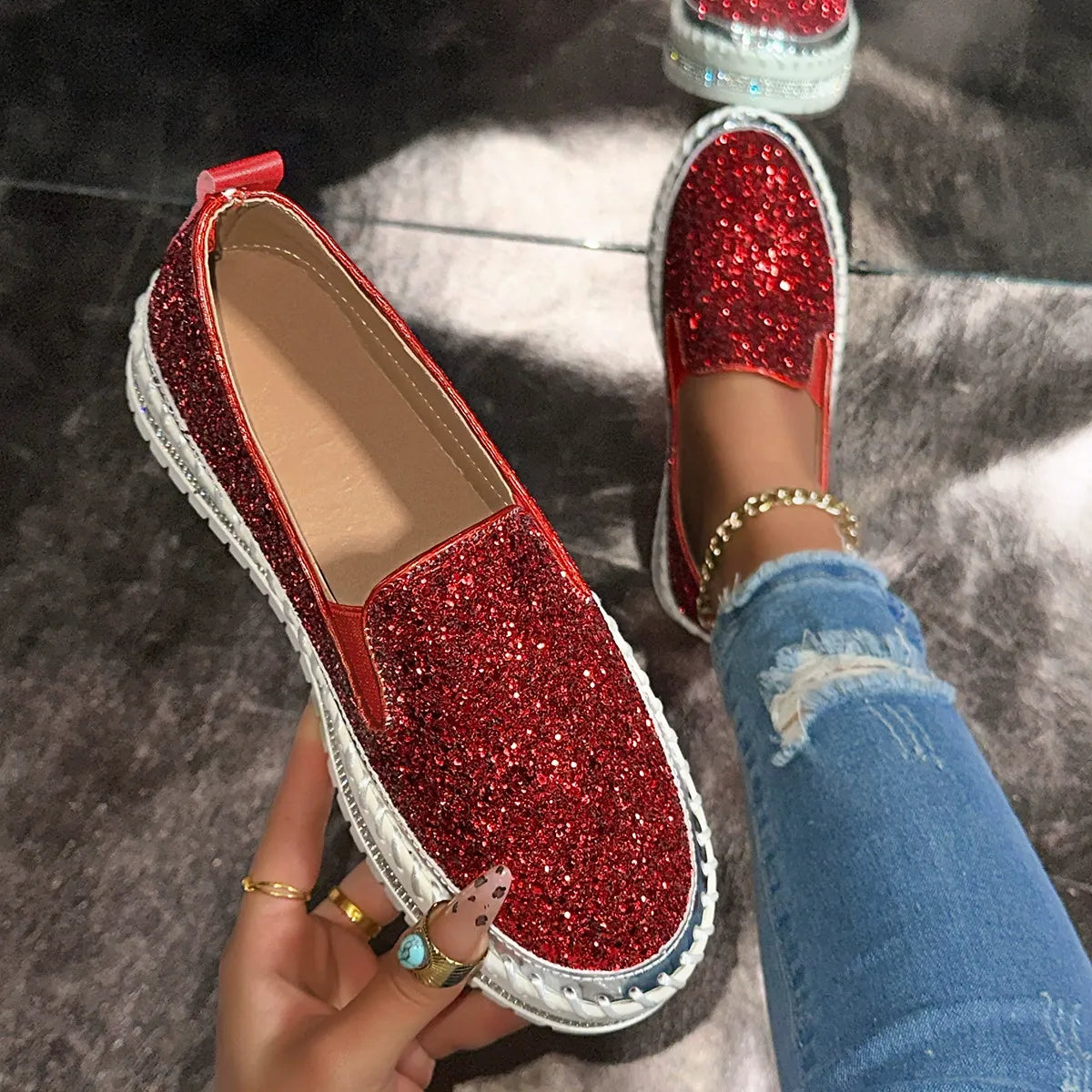 Fashionable Rhinestones Thick-Soled Loafers