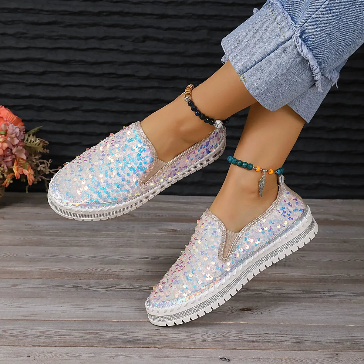 New Sequins Thick-Soled Slip-On Shoes