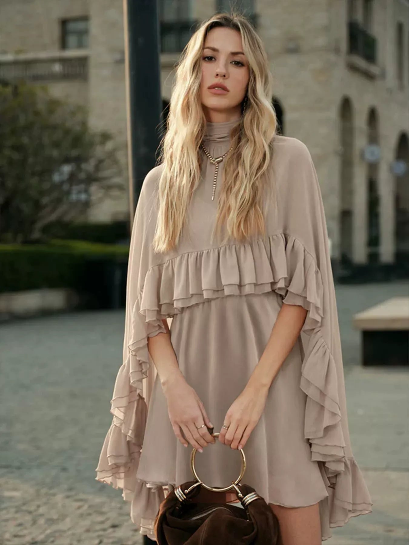 Dusty Rose Tiered Ruffle Cape Dress Set