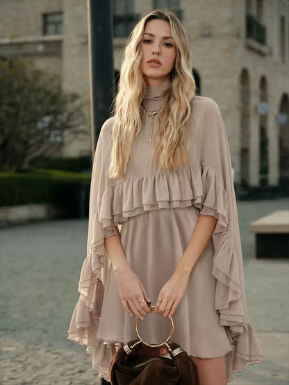 Dusty Rose Tiered Ruffle Cape Dress Set