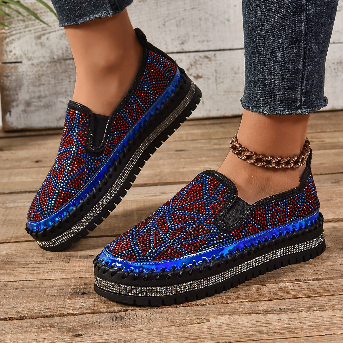 Rhinestones And Thick Platform Versatile Flat Loafers