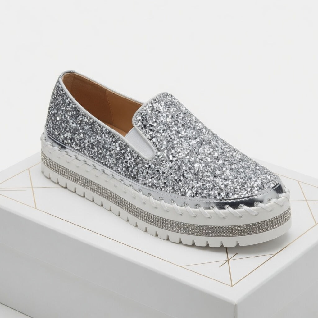 Suprclark Women Slip On Sparkly Loafers - Silver