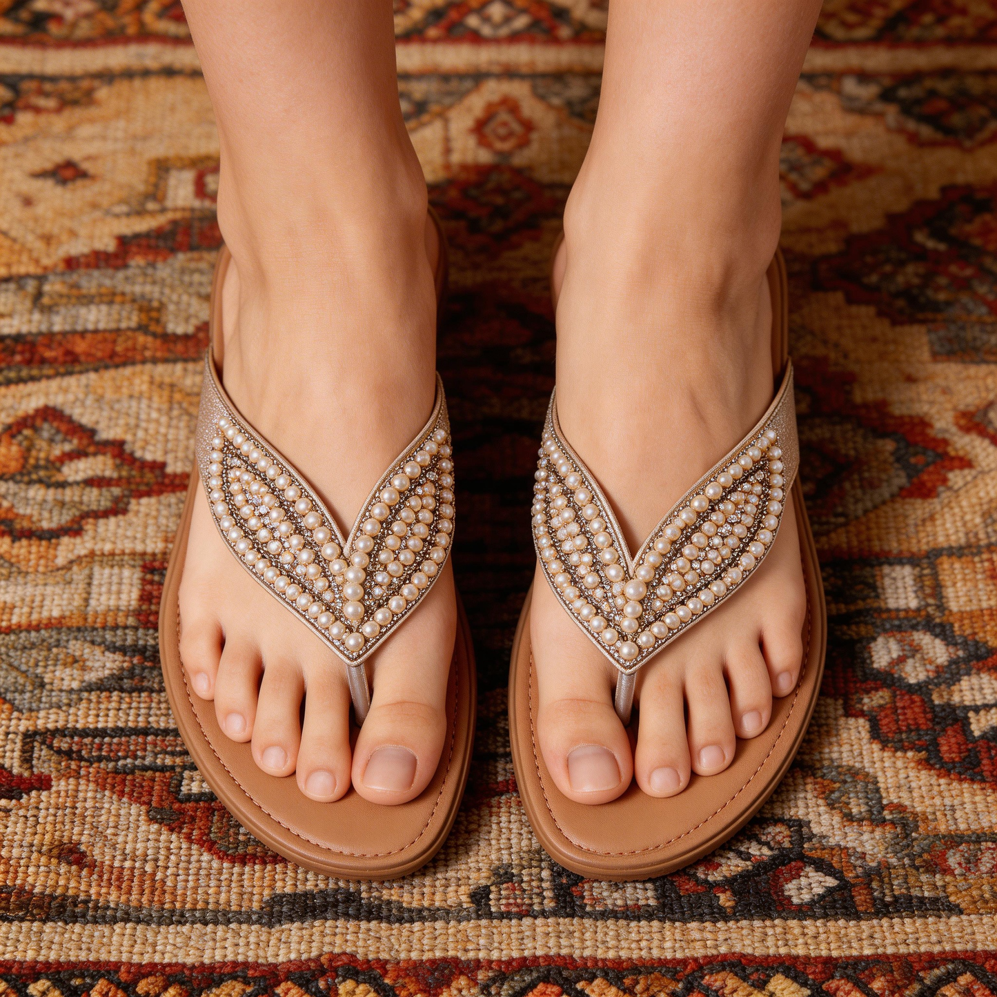 Boho Pearl Beaded Wedge Flip Flops