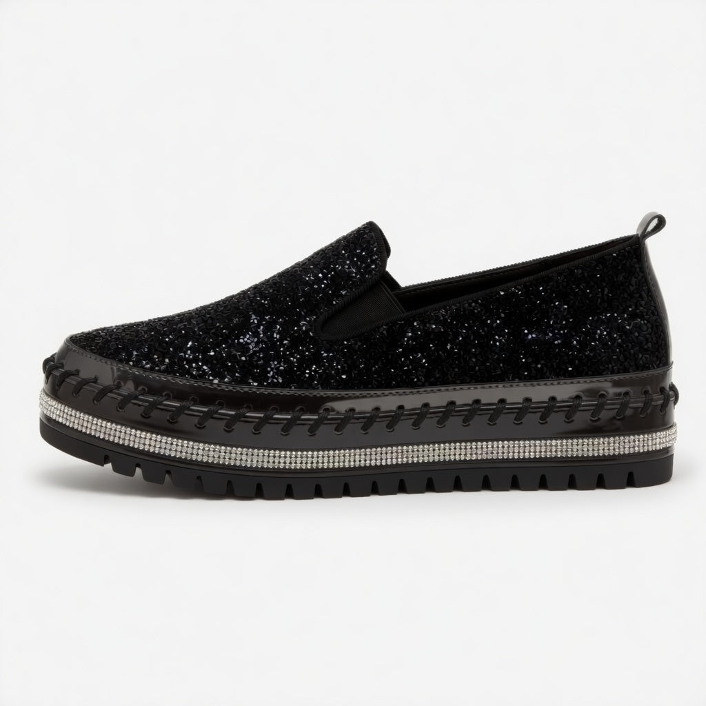 Suprclark Women Slip On Sparkly Loafers - Black