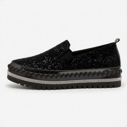 Suprclark Women Slip On Sparkly Loafers - Black