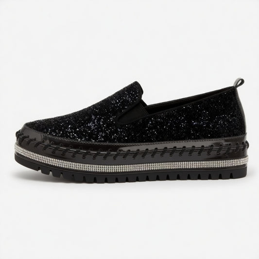 Suprclark Women Slip On Sparkly Loafers - Black