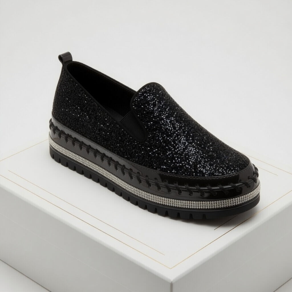 Suprclark Women Slip On Sparkly Loafers - Black
