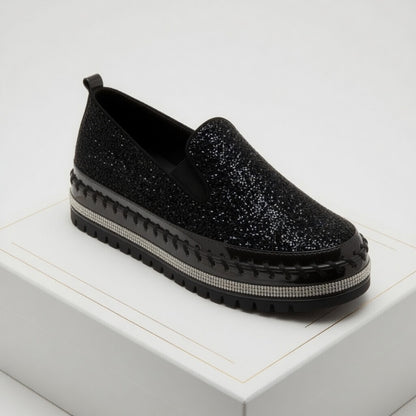 Suprclark Women Slip On Sparkly Loafers - Black