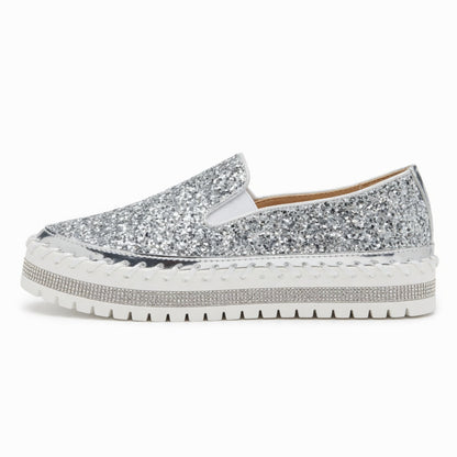 Suprclark Women Slip On Sparkly Loafers - Silver
