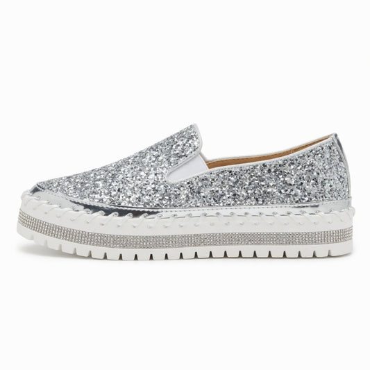 Suprclark Women Slip On Sparkly Loafers - Silver