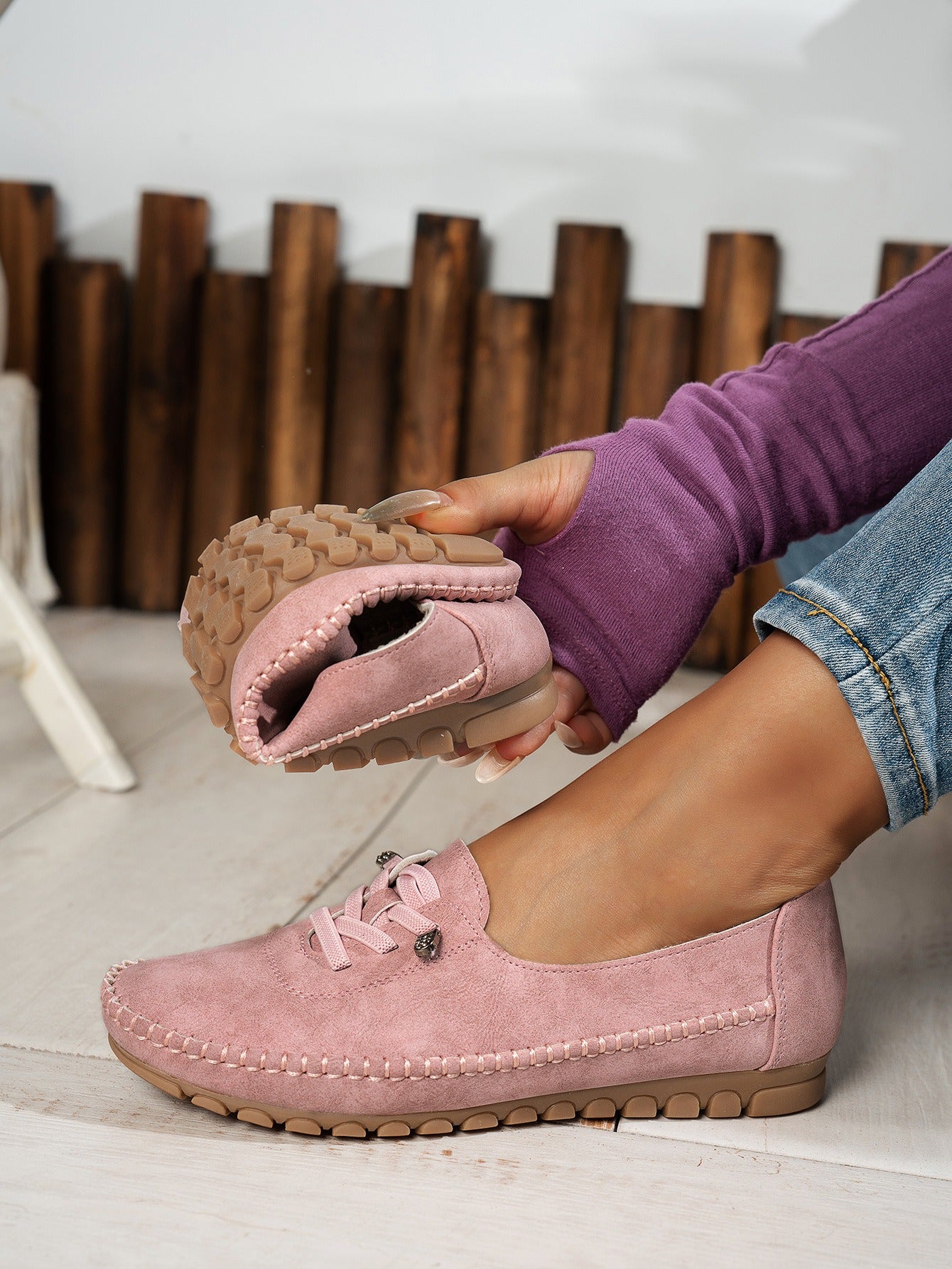 Pink women's soft comfort slip-on loafers flexible design