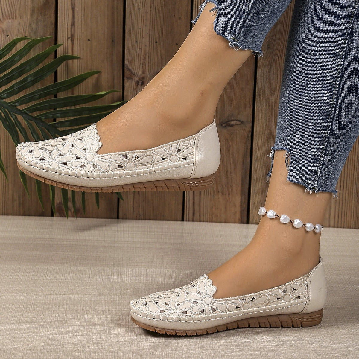 Apricot breathable flat loafers side view