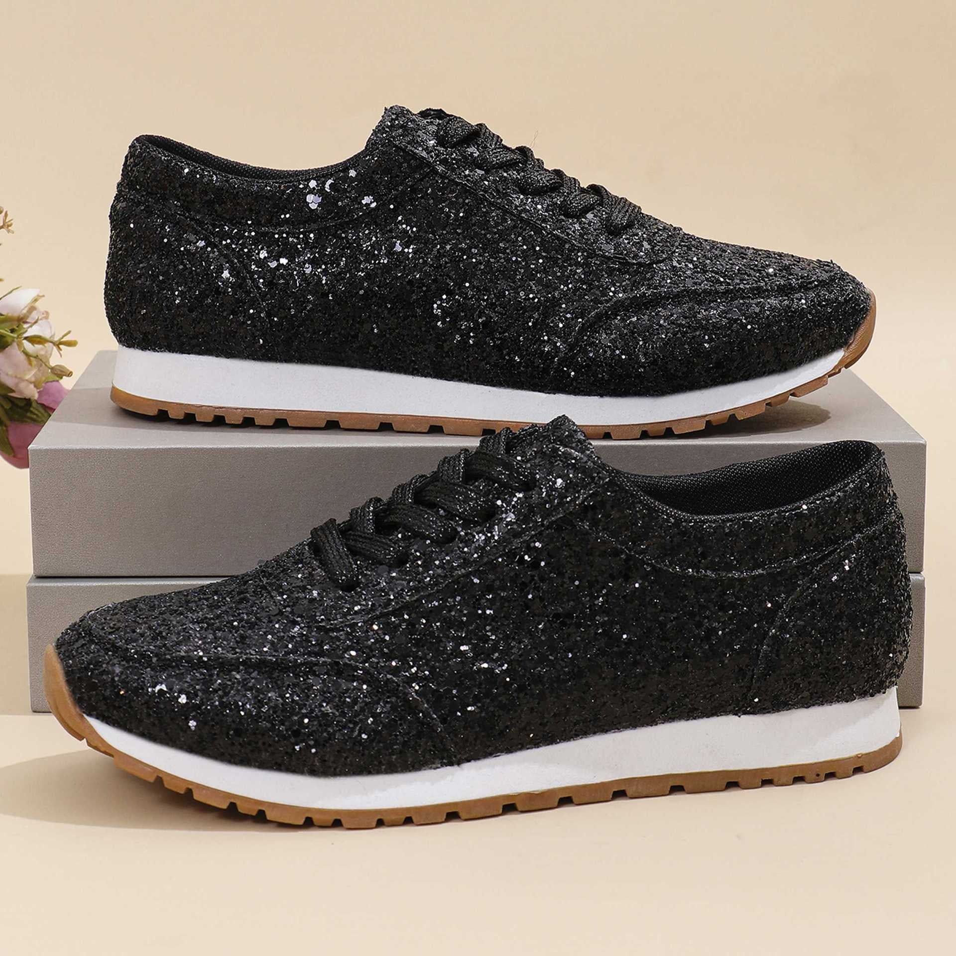 Suprclark women's black glitter lace-up flat sneakers