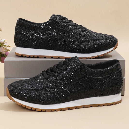Suprclark women's black glitter lace-up flat sneakers