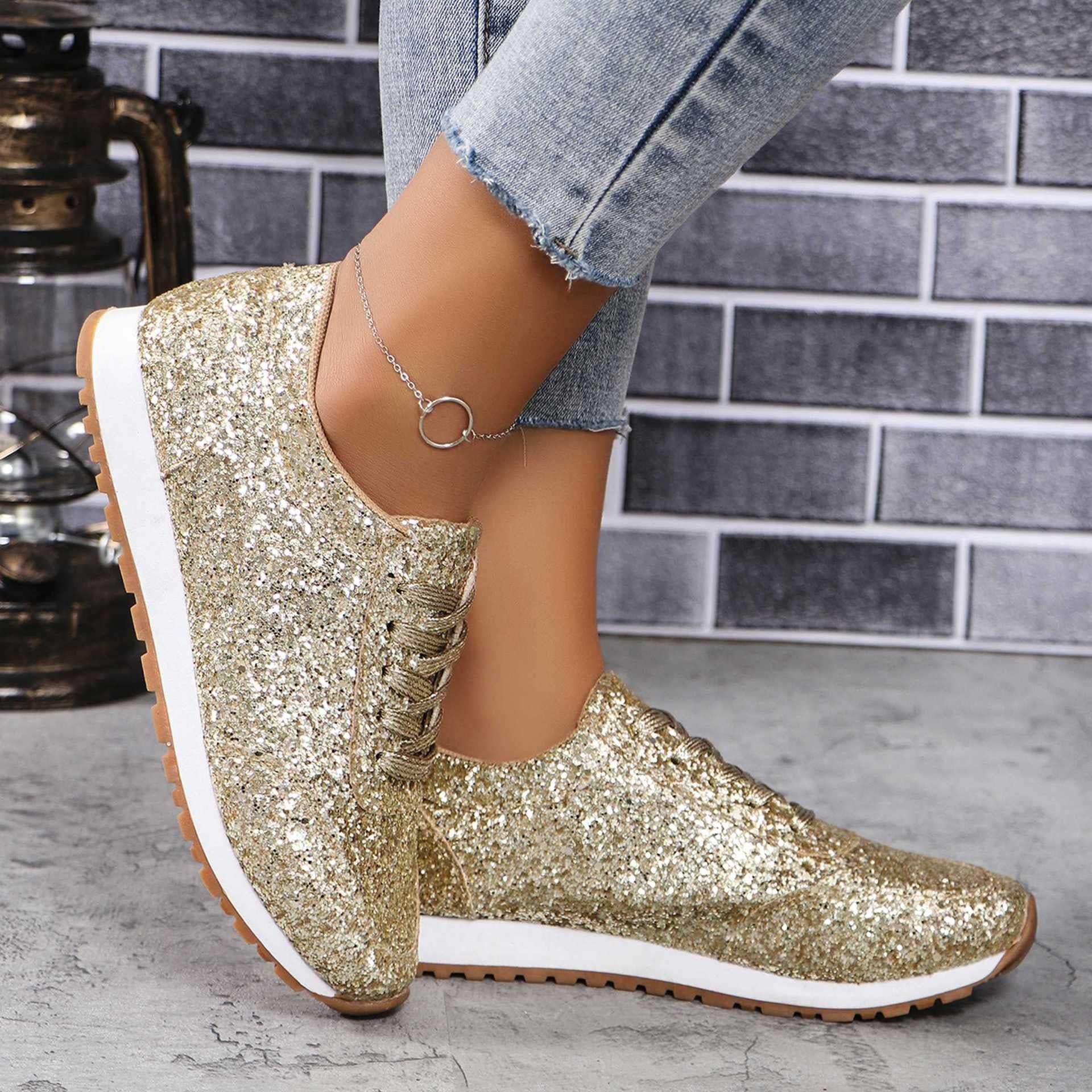 Gold glitter casual sneakers side view