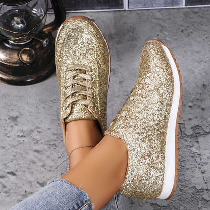 Gold sequin lace-up sneakers top view