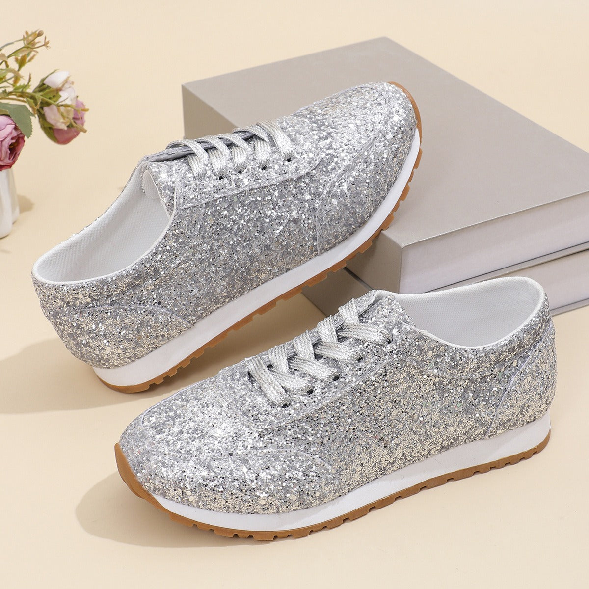 Suprclark women's silver glitter lace-up flat sneakers