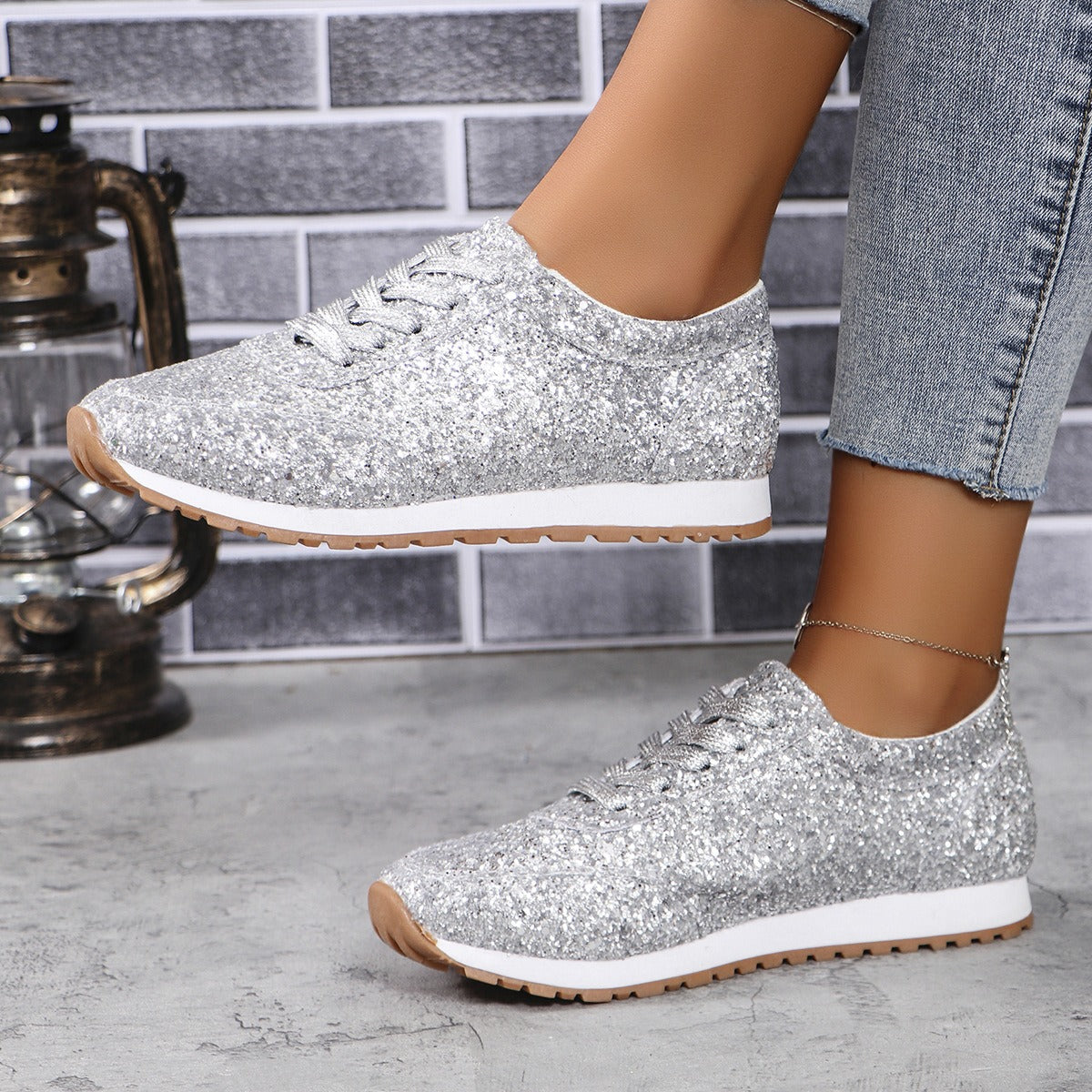 Silver sequin casual sneakers side view on foot
