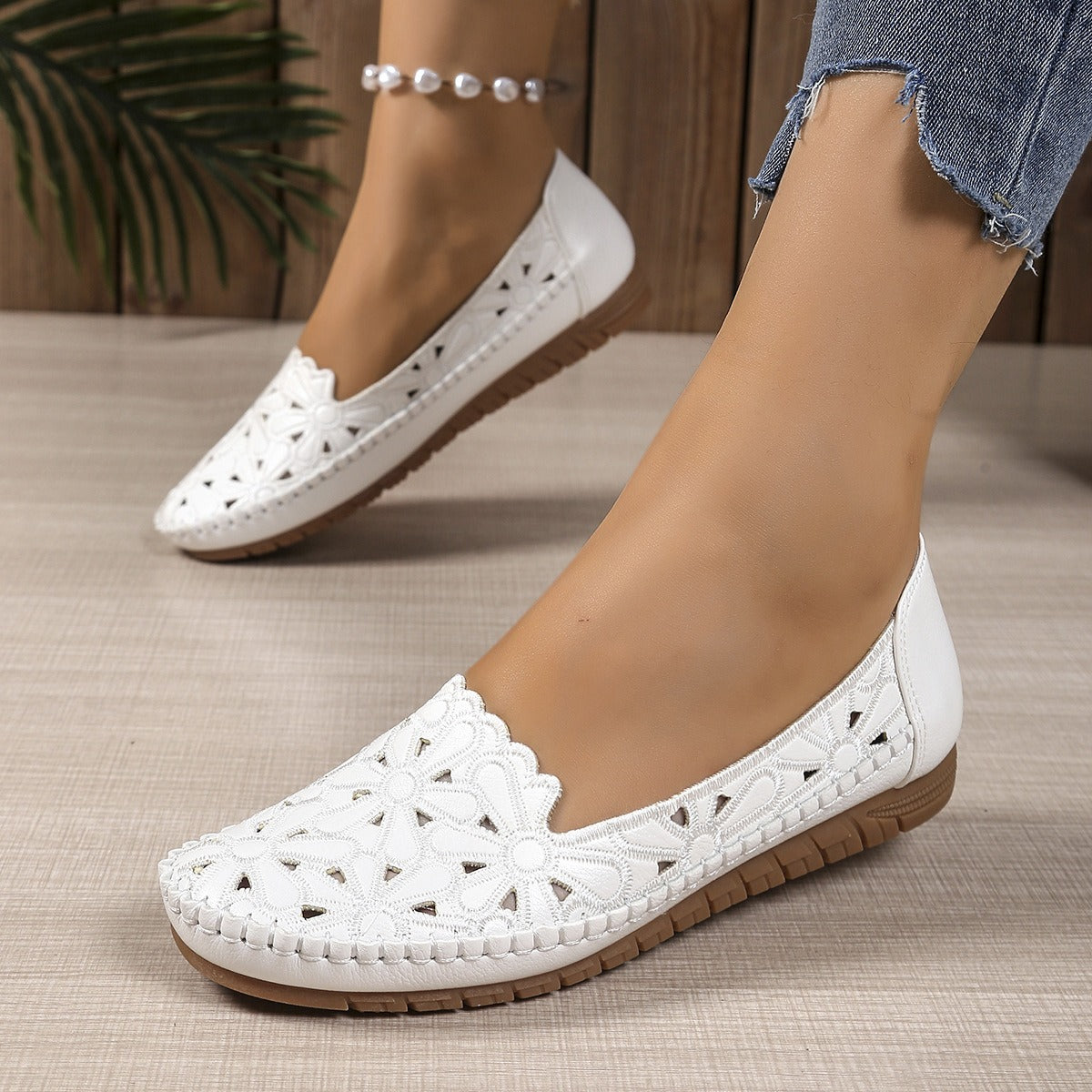 Suprclark women's White floral cutout loafers front view