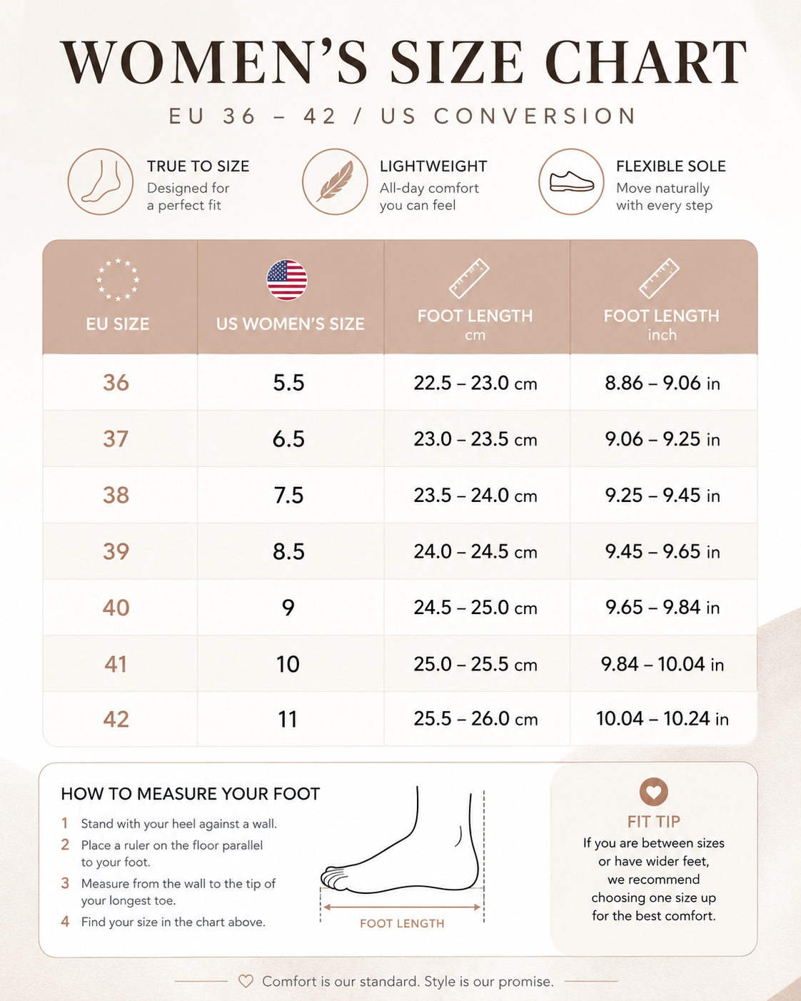 Suprclark women's knit walking shoes US and EU size chart