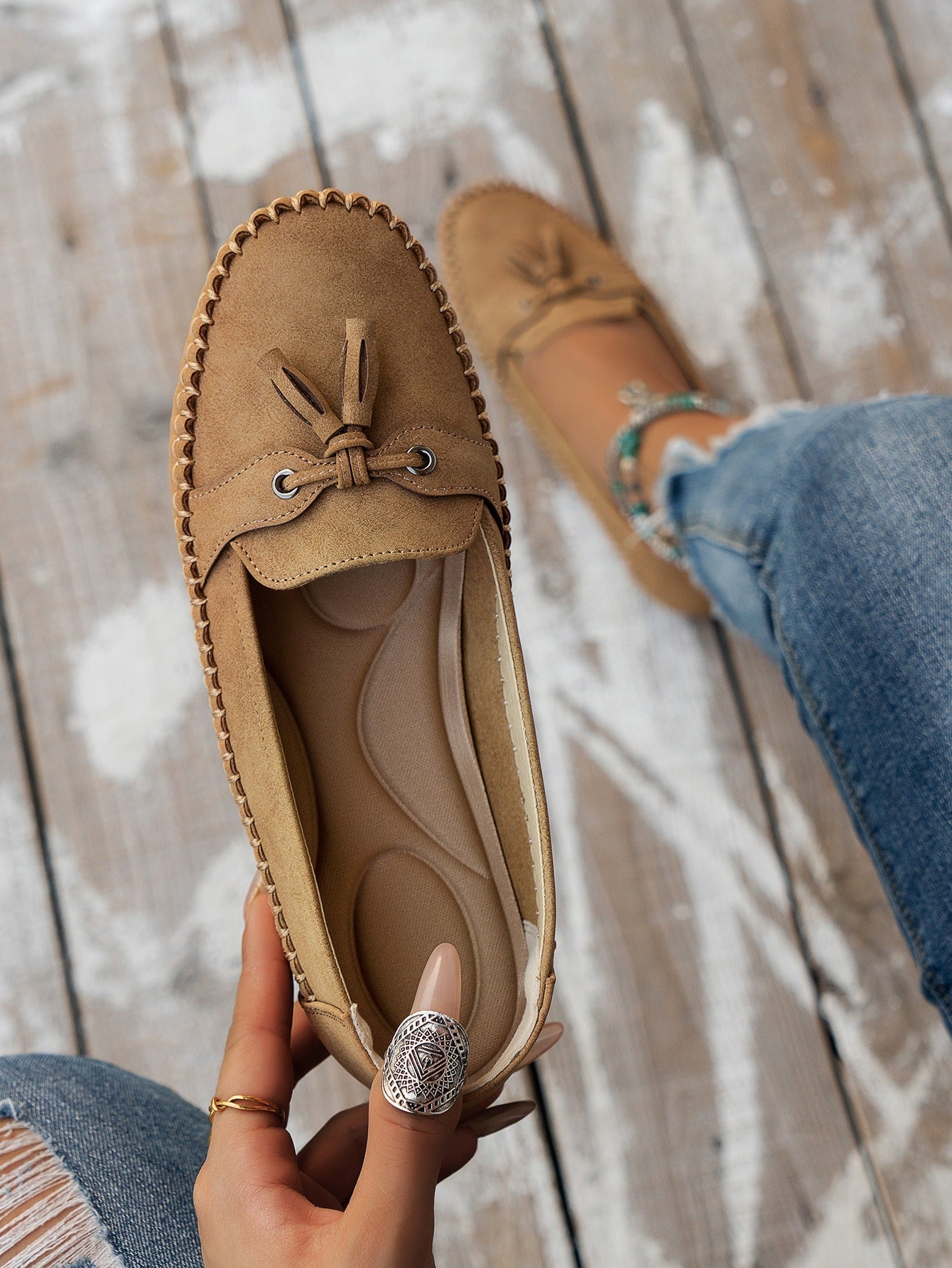 Apricot tassel moccasin loafers stitched upper detail